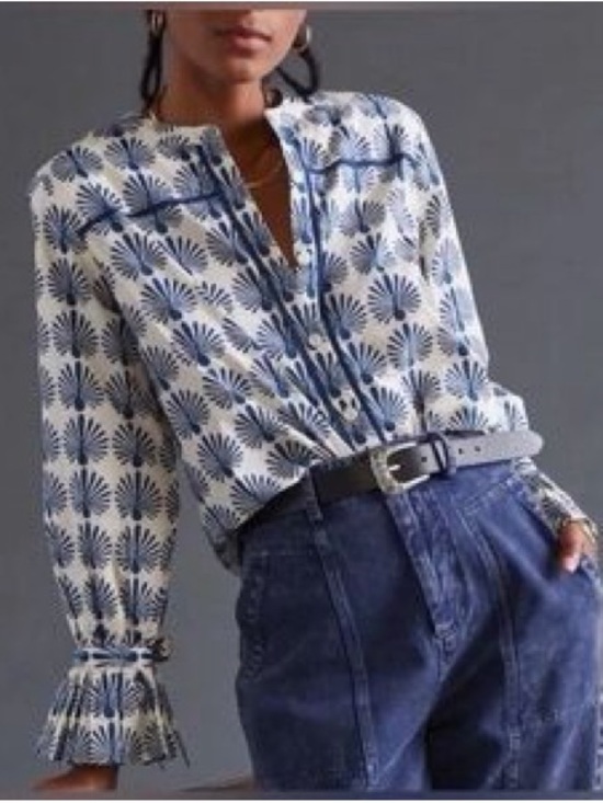 Porridge Tops - Blue and White Printed Long-Sleeve Split-Neck Blouse